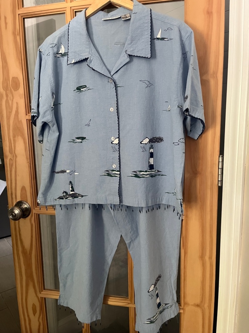 Vintage Lighthouse Coastal Grandma cotton beach set by Allyson Whitmore, Sz XL